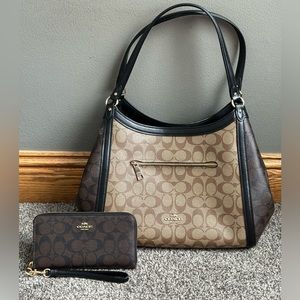 Coach Kristy Blocked Khaki Brown Signature Canvas Shoulder bag C6831 w/ Wallet